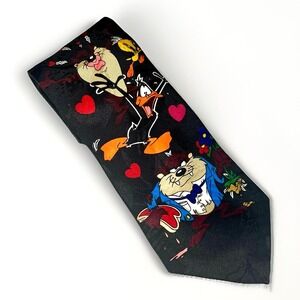 Vtg 90's Looney Tunes‎ Neckwear TIE Tasmanian Devil TAZ Pepe Le Pew Cupid Hearts